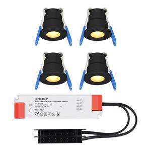 HOFTRONIC™ Set van 4 12V 3W - Mini LED Inbouwspot - Zwart - Verzonken - Verandaverlichting - IP65 voor buiten - 2700K - Warm wit