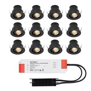HOFTRONIC™ Set van 12 12V 3W - Mini LED Inbouwspot - Zwart - Kantelbaar & verzonken - Verandaverlichting - IP44 voor buiten - 2700K - Warm wit
