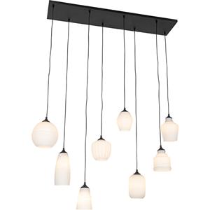 QAZQA Art deco hanglamp zwart met opaal glas 8-lichts - Hanne