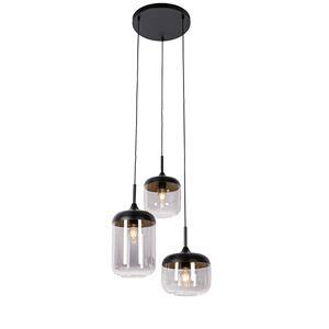 QAZQA Hanglamp zwart met goud en smoke glas 3-lichts rond - Kyan