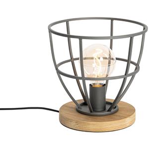 QAZQA Industrielle Tischlampe schwarz mit Holz rund - Arthur