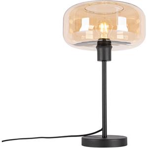 Qazqa Art Deco Tafellamp Zwart Met Amber Glas - Bizle