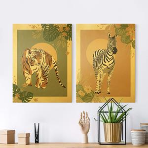 Klebefieber Leinwandbild 2-teilig Safari Tiere - Zebra und Tiger vor Sonne