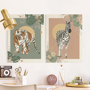 Klebefieber Leinwandbild 2-teilig Safari Tiere - Zebra und Tiger vor Sonne