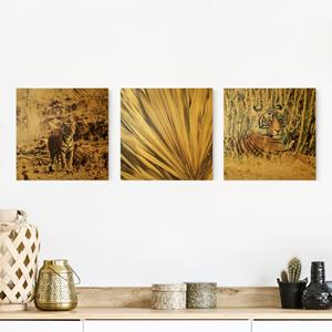 Klebefieber Leinwandbild 3-teilig Tiger und goldene Palmenblätter