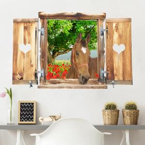 Klebefieber 3D Wandtattoo Fenster mit Herz und Pferd Sommerwiese