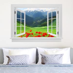 Klebefieber 3D Wandtattoo Offenes Fenster Alpenwiese und Mohn