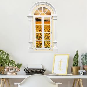 Klebefieber 3D Wandtattoo Fenster Mediterran Feld mit Sonnenblumen