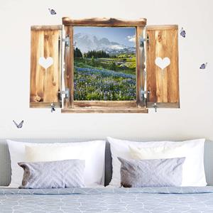 Klebefieber 3D Wandtattoo Fenster mit Herz Bergwiese mit Blumen