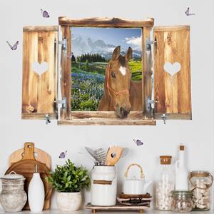 Klebefieber 3D Wandtattoo Fenster mit Herz und Pferd Bergwiese mit Blumen