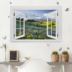 Klebefieber 3D Wandtattoo Offenes Fenster Bergwiese mit Blumen vor Mt. Rainier und Schmetterlinge