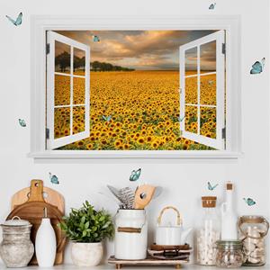 Klebefieber 3D Wandtattoo Offenes Fenster Feld mit Sonnenblumen