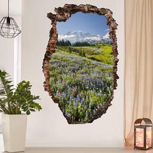 Klebefieber 3D Wandtattoo Bergwiese mit Blumen vor Mt. Rainier