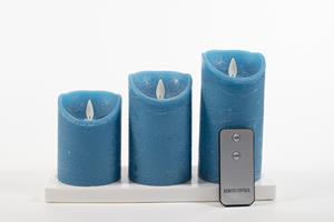 Anna's Collection 3Pcs Denim Blue Rustic Wax Candle Moving Flame With Rem