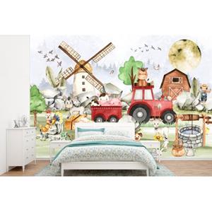 MuchoWow Fototapete Bauernhof - Traktor - Kinder - Tiere, Matt, bedruckt, (7 St), Vinyl Tapete für Wohnzimmer oder Schlafzimmer, Wandtapete