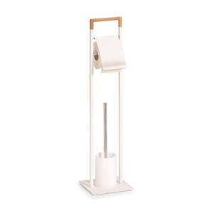 Zeller Toiletborstelhouder inclusief WC-rolhouder en borstel - wit - metaal / bamboe - 75 cm -