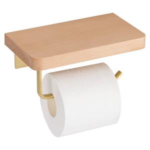 Navaris Toilettenpapierhalter, Toilettenpapierhalter mit Ablage - Holz & Edelstahl in Gold