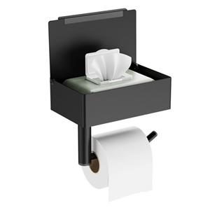 Rainsworth Toilettenpapierhalter (Wandhalterung Taschentuchrollenhalter mit Ablage für Badezimmer, Klopapierhalter mit Feuchttücherbox,Selbstklebend oder Gebohrt), ohne Bohren Schwarz, Leise