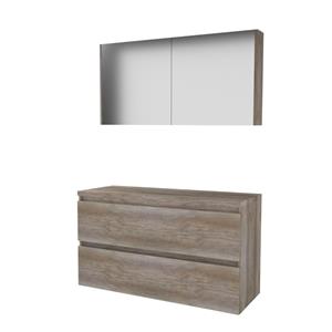 Basic Line Basic-Line Comfort 46 badkamermeubelset - 120x46cm - greeploos - 2 lades - wastafelblad - Spiegelkast - MFC Scotch Oak 1813524