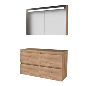 Basic Line Basic-Line Premium 46 badkamermeubelset - 120x46cm - greeploos - 4 lades - wastafelblad - Spiegelkast - geintegreerde LED verlichting - MFC Whisky Oak 1813544