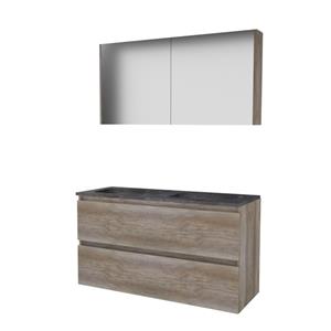 Basic Line Basic-Line Comfort 46 badkamermeubelset - 120x46cm - greeploos - 2 lades - hardsteen wastafel - 0 kraangaten - Spiegelkast - MFC Scotch Oak 1813170