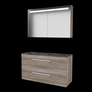 Basic Line Basic-Line Premium 46 badkamermeubelset - 120x46cm - met grepen - 2 lades - hardsteen wastafel - 2 kraangaten - Spiegelkast - geintegreerde LED verlichting - MFC Scotch Oak 1813413