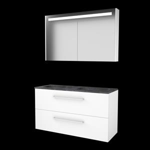 Basic Line Basic-Line Premium 46 badkamermeubelset - 120x46cm - met grepen - 2 lades - hardsteen wastafel - 2 kraangaten - Spiegelkast - geintegreerde LED verlichting - MDF lak Ice White 1813411