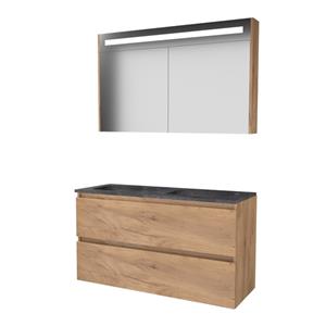 Basic Line Basic-Line Premium 46 badkamermeubelset - 120x46cm - greeploos - 2 lades - hardsteen wastafel - 0 kraangaten - Spiegelkast - geintegreerde LED verlichting - MFC Whisky Oak 1813199