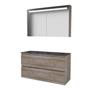 Basic Line Basic-Line Premium 46 badkamermeubelset - 120x46cm - greeploos - 2 lades - hardsteen wastafel - 0 kraangaten - Spiegelkast - geintegreerde LED verlichting - MFC Scotch Oak 1813200