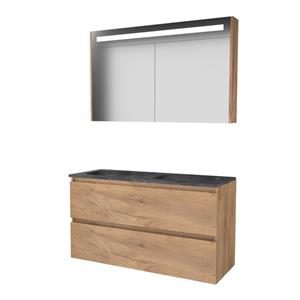 Basic Line Basic-Line Premium 46 badkamermeubelset - 120x46cm - greeploos - 2 lades - hardsteen wastafel - 2 kraangaten - Spiegelkast - geintegreerde LED verlichting - MFC Whisky Oak 1813202