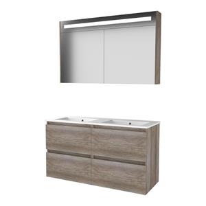 Basic Line Basic-Line Premium 46 badkamermeubelset - 120x46cm - greeploos - 4 lades - porseleinen wastafel - 2 kraangaten - Spiegelkast - geintegreerde LED verlichting - MFC Scotch Oak 1810119