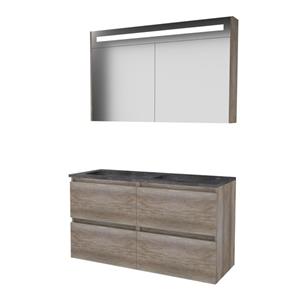 Basic Line Basic-Line Premium 46 badkamermeubelset - 120x46cm - greeploos - 4 lades - hardsteen wastafel - 2 kraangaten - Spiegelkast - geintegreerde LED verlichting - MFC Scotch Oak 1813209