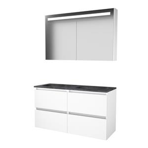 Basic Line Basic-Line Premium 46 badkamermeubelset - 120x46cm - greeploos - 4 lades - hardsteen wastafel - 2 kraangaten - Spiegelkast - geintegreerde LED verlichting - MDF lak Ice White 1813207