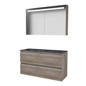 Basic Line Basic-Line Premium 46 badkamermeubelset - 120x46cm - greeploos - 4 lades - hardsteen wastafel - 0 kraangaten - Spiegelkast - geintegreerde LED verlichting - MFC Scotch Oak 1813206