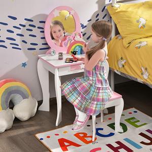 costway Houten Kinderkaptafel met Krukje & Uitneembare Spiegel & Lade Wit