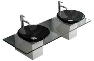 Alpenberger Doppelwaschbecken Doppelwaschtisch Hängewaschbecken aus ESG Glas (9-tlg., Waschtisch mit 2 Aufsatzbecken), Waschbecken Waschschale Schwarz auf Waschischplatte & Edelstahlkasten