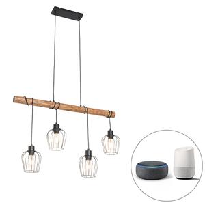 QAZQA Smart hanglamp zwart met hout incl. 4 Wifi A60 - Stronk