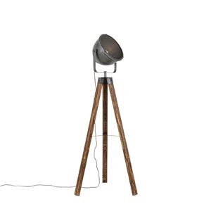 QAZQA Industriële vloerlamp tripod staal met hout kantelbaar - Emado