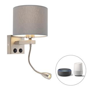 QAZQA Smart wandlamp staal met grijze kap incl. Wifi A60 - Brescia