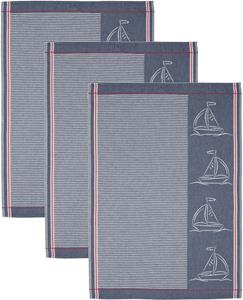 Ross Geschirrtuch Maritim - Steifenfond mit 4 Segelschiffen, (Set, 3 tlg.), Motivtuch, aus 100% Baumwolle