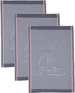 Ross Geschirrtuch Maritim - Streifenfond mit Segelschiffen, (Set, 3 tlg.), Motivtuch, aus 100% Baumwolle