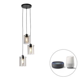 QAZQA Smart hanglamp zwart met smoke glas incl. 3 Wifi ST64 - Dome