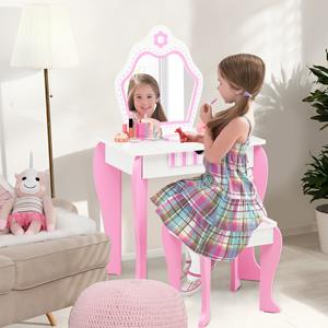 costway Kaptafel & Kruk Set voor Kinderen met Spiegel en Lade 49 x 34 x 86,5 cm Roze