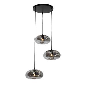 QAZQA Art deco hanglamp zwart met smoke glas rond 3-lichts - Ayesha