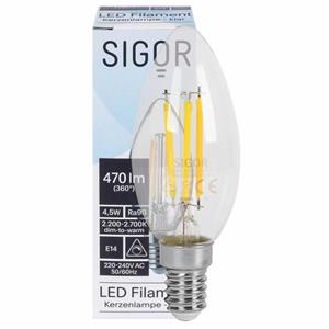 Sigor LED kaarslamp dim to warm 2200K-2700K E14 4.5W 470 lumen glas dimbaar voor oa kroonluchters 
