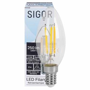 Sigor LED kaarslamp dim to warm 2200K-2700K E14 2.5W 250 lumen glas dimbaar voor oa kroonluchters 