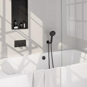 Brauer Black Edition thermostatische inbouw badkraan - drukknoppen SET 04 - badvulcombinatie - 3 standen handdouche - doucheslang - wandaansluitbocht - zwart mat 5-S-209