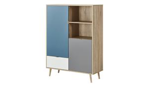 Merkloos Hoog dressoir onoma eiken, wit, grijs en blauw candinavische stijl - CUBA  103 x D 40 x H 139 cm