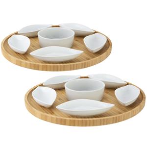 Cosy & Trendy Set van 2x stuks serveerplanken bamboe dia 26 cm met luxe hapjes/saus/tapas keramieken schaaltjes -