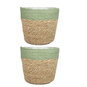 Bela Arte Set van 3x stuks naturel groen rotan planten pot mand van gedraaid jute/riet H14 en D17.5 cm -